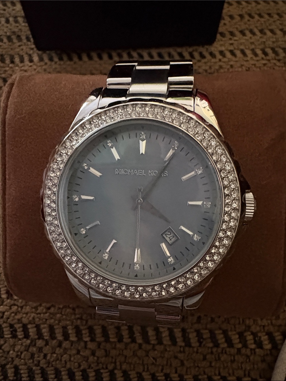 Michael Kors Silver Watch with Blue Mother-of-Pearl Dial and Crystal Beze